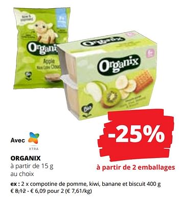 Promotions Compotine de pomme, kiwi, banane et biscuit - Organix - Valide de 09/05/2024 à 22/05/2024 chez Spar (Colruytgroup)
