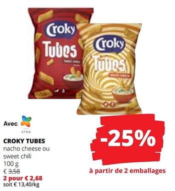 Promotions Croky tubes nacho cheese ou sweet chili - Croky - Valide de 09/05/2024 à 22/05/2024 chez Spar (Colruytgroup)