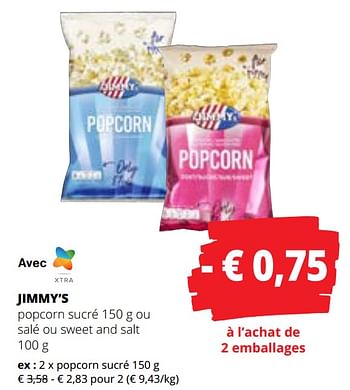 Promoties Popcorn sucré - Jimmy's - Geldig van 09/05/2024 tot 22/05/2024 bij Spar (Colruytgroup)