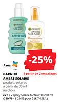 Promotions Garnier ambre solaire spray solaire facteur - Garnier - Valide de 09/05/2024 à 22/05/2024 chez Spar (Colruytgroup)