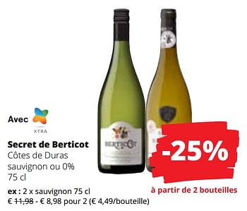 Promoties Secret de berticot côtes de duras sauvignon - Witte wijnen - Geldig van 09/05/2024 tot 22/05/2024 bij Spar (Colruytgroup)