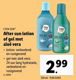 Promoties After sun lotion of gel met aloë vera - Cien sun - Geldig van 15/05/2024 tot 21/05/2024 bij Lidl