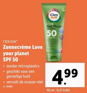 Promoties Zonnecrème love your planet spf 50 - Cien sun - Geldig van 15/05/2024 tot 21/05/2024 bij Lidl