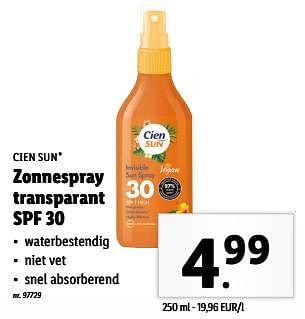 Promoties Zonnespray transparant spf 30 - Cien sun - Geldig van 15/05/2024 tot 21/05/2024 bij Lidl