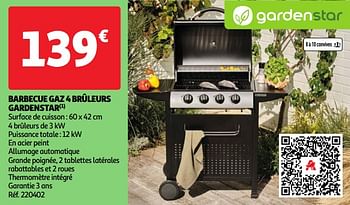 Promotions Barbecue gaz 4 brûleurs gardenstar - GardenStar - Valide de 07/05/2024 à 13/05/2024 chez Auchan Ronq