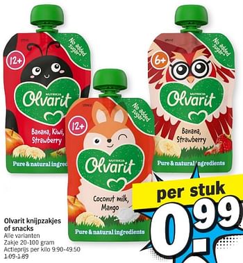 Promoties Olvarit knijpzakjes of snacks - Olvarit - Geldig van 13/05/2024 tot 20/05/2024 bij Albert Heijn