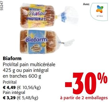 Promotions Biaform provital pain multicéréale ou pain intégral en tranches - Biaform - Valide de 08/05/2024 à 21/05/2024 chez Colruyt