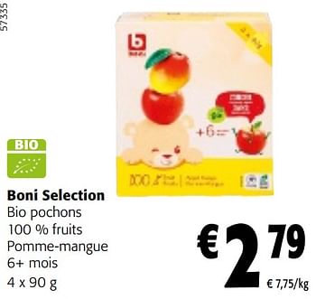 Promotions Boni selection bio pochons 100 % fruits pomme-mangue 6+ mois - Boni - Valide de 08/05/2024 à 21/05/2024 chez Colruyt