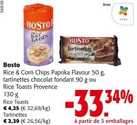Promotions Bosto rice + corn chips paprika flavour , tartinettes chocolat fondant 90 g ou rice toasts provence - Bosto - Valide de 08/05/2024 à 21/05/2024 chez Colruyt