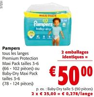 Promotions Pampers tous les langes premium protection maxi pack ou baby-dry maxi pack - Pampers - Valide de 08/05/2024 à 21/05/2024 chez Colruyt