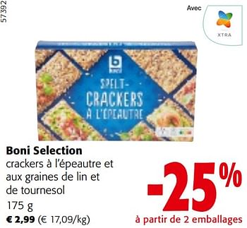 Promotions Boni selection crackers à l’épeautre et aux graines de lin et de tournesol - Boni - Valide de 08/05/2024 à 21/05/2024 chez Colruyt