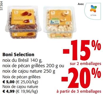 Promotions Boni selection noix du brésil , noix de pécan grillées ou noix de cajou nature - Boni - Valide de 08/05/2024 à 21/05/2024 chez Colruyt