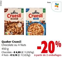 Promotions Quaker cruesli chocolate ou 4 nuts - Quaker - Valide de 08/05/2024 à 21/05/2024 chez Colruyt