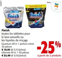 Promotions Finish toutes les tablettes pour le lave-vaisselle ou les liquides de rinçage - Finish - Valide de 08/05/2024 à 21/05/2024 chez Colruyt