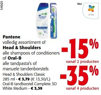 Promotions Pantene volledig assortiment of head + shoulders alle shampoos of conditioners of oral-b alle tandpasta’s of manuele tandenborstels - Produit maison - Colruyt - Valide de 08/05/2024 à 21/05/2024 chez Colruyt