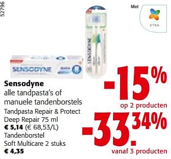 Promotions Sensodyne alle tandpasta’s of manuele tandenborstels - Sensodyne - Valide de 08/05/2024 à 21/05/2024 chez Colruyt