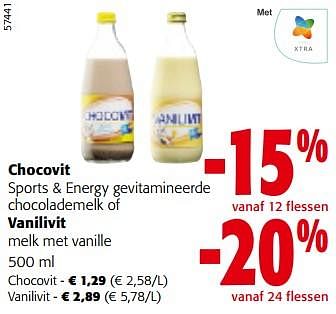 Promoties Chocovit sports + energy gevitamineerde chocolademelk of vanilivit melk met vanille - Huismerk - Colruyt - Geldig van 08/05/2024 tot 21/05/2024 bij Colruyt