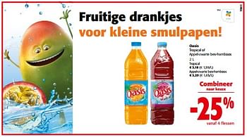 Promoties Oasis tropical of appel-zwarte bes-framboos - Oasis - Geldig van 08/05/2024 tot 21/05/2024 bij Colruyt