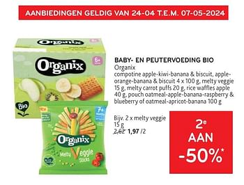 Promoties Baby- en peutervoeding bio organix 2e aan -50% - Organix - Geldig van 08/05/2024 tot 21/05/2024 bij Alvo
