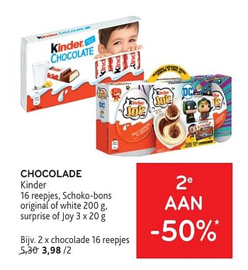 Promotions Chocolade kinder 2e aan -50% - Kinder - Valide de 08/05/2024 à 21/05/2024 chez Alvo
