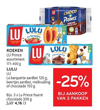 Promotions Koeken lu prince + lulu lu -25% bij aankoop van 3 pakken - Lu - Valide de 08/05/2024 à 21/05/2024 chez Alvo
