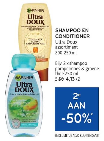 Promotions Shampoo en conditioner ultra doux 2e aan -50% - Garnier - Valide de 08/05/2024 à 21/05/2024 chez Alvo