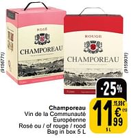 Promotions Champoreau vin de la communauté européenne rosé ou - of rouge - rood - Vins rouges - Valide de 14/05/2024 à 18/05/2024 chez Cora