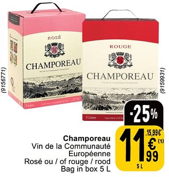 Promotions Champoreau vin de la communauté européenne rosé ou - of rouge - rood - Vins rouges - Valide de 14/05/2024 à 18/05/2024 chez Cora