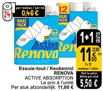 Promotions Essuie-tout - keukenrol renova active absorption - Renova - Valide de 14/05/2024 à 18/05/2024 chez Cora