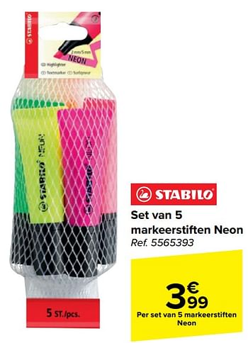 Promoties Set van 5 markeerstiften neon - Stabilo - Geldig van 15/05/2024 tot 27/05/2024 bij Carrefour