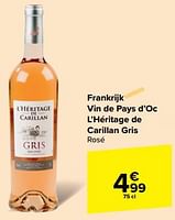 Promoties Vin de pays d`oc l`héritage de carillan gris rosé - Rosé wijnen - Geldig van 15/05/2024 tot 27/05/2024 bij Carrefour