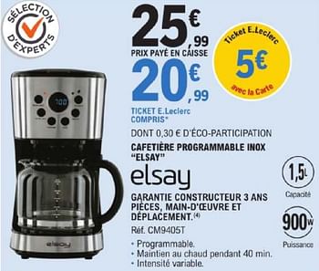 Promotions Cafetière programmable inox elsay cm9405t - Elsay - Valide de 14/05/2024 à 25/05/2024 chez E.Leclerc