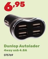 Promoties Dunlop autolader 4way usb 4.8a - Dunlop - Geldig van 06/05/2024 tot 22/06/2024 bij Happyland