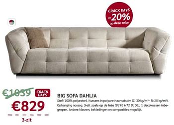 Promoties Big sofa dahlia 3-zit - Huismerk - Meubelen Crack - Geldig van 08/05/2024 tot 21/05/2024 bij Meubelen Crack