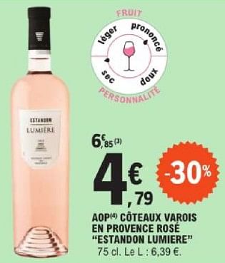 Promotions Aop côteaux varois en provence rosé estandon lumiere - Vins rosé - Valide de 14/05/2024 à 25/05/2024 chez E.Leclerc