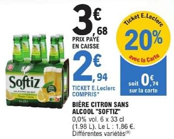 Promotions Bière citron sans alcool softiz - Softiz - Valide de 14/05/2024 à 25/05/2024 chez E.Leclerc