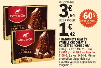 Promotions 4 bâtonnets glacés vanille chocolat + oisettes côte d`or - Cote D'Or - Valide de 14/05/2024 à 25/05/2024 chez E.Leclerc