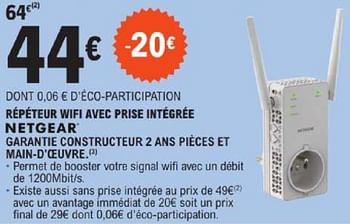 Promotions Répéteur wifi avec prise intégrée - Netgear - Valide de 14/05/2024 à 25/05/2024 chez E.Leclerc