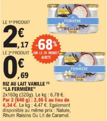 Promotions Riz au lait vanille la fermière - La fermière - Valide de 14/05/2024 à 25/05/2024 chez E.Leclerc