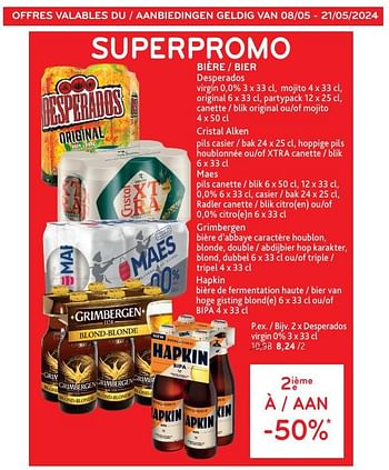 Promoties Bière desperados + cristal alken + maes + grimbergen + hapkin 2ième à -50% - Huismerk - Alvo - Geldig van 08/05/2024 tot 21/05/2024 bij Alvo
