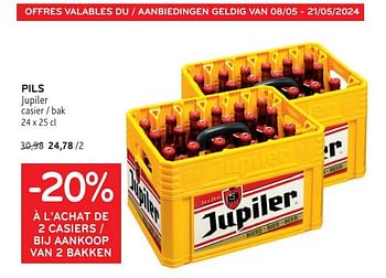 Promoties Pils jupiler -20% à l’achat de 2 casiers - Jupiler - Geldig van 08/05/2024 tot 21/05/2024 bij Alvo