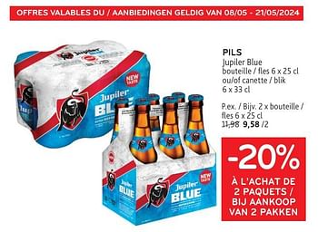 Promotions Pils jupiler blue -20% à l’achat de 2 paquets - Jupiler - Valide de 08/05/2024 à 21/05/2024 chez Alvo