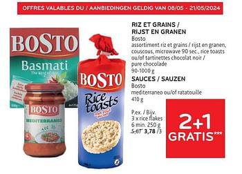 Promotions Riz et grains bosto + sauces bosto 2+1 gratis - Bosto - Valide de 08/05/2024 à 21/05/2024 chez Alvo