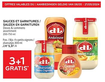 Promoties Sauces et garnitures devos + lemmens 3+1 gratis - Devos Lemmens - Geldig van 08/05/2024 tot 21/05/2024 bij Alvo
