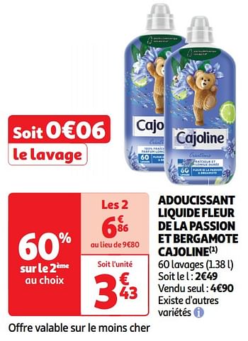 Promoties Adoucissant liquide fleur de la passion et bergamote cajoline - Cajoline - Geldig van 14/05/2024 tot 19/05/2024 bij Auchan