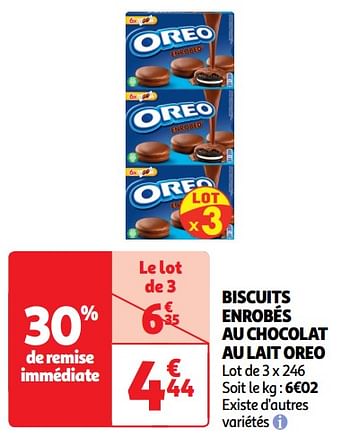 Promoties Biscuits enrobés au chocolat au lait oreo - Oreo - Geldig van 14/05/2024 tot 19/05/2024 bij Auchan