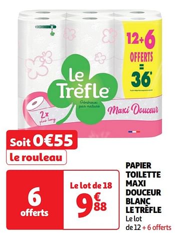 Promoties Papier toilette maxi douceur blanc le trèfle - Le Trèfle - Geldig van 14/05/2024 tot 19/05/2024 bij Auchan