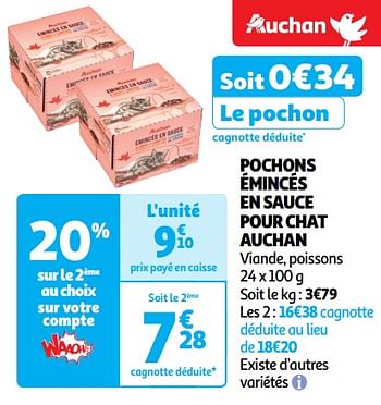 Promoties Pochons émincés en sauce pour chat auchan - Huismerk - Auchan - Geldig van 14/05/2024 tot 19/05/2024 bij Auchan