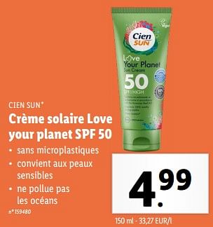 Promotions Crème solaire love your planet spf 50 - Cien sun - Valide de 15/05/2024 à 21/05/2024 chez Lidl