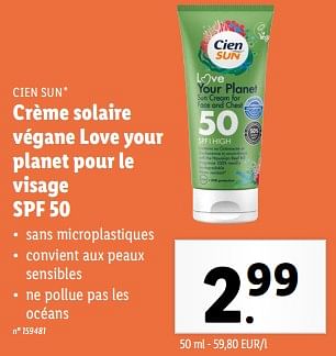 Promotions Crème solaire végane love your planet pour le visage spf 50 - Cien sun - Valide de 15/05/2024 à 21/05/2024 chez Lidl